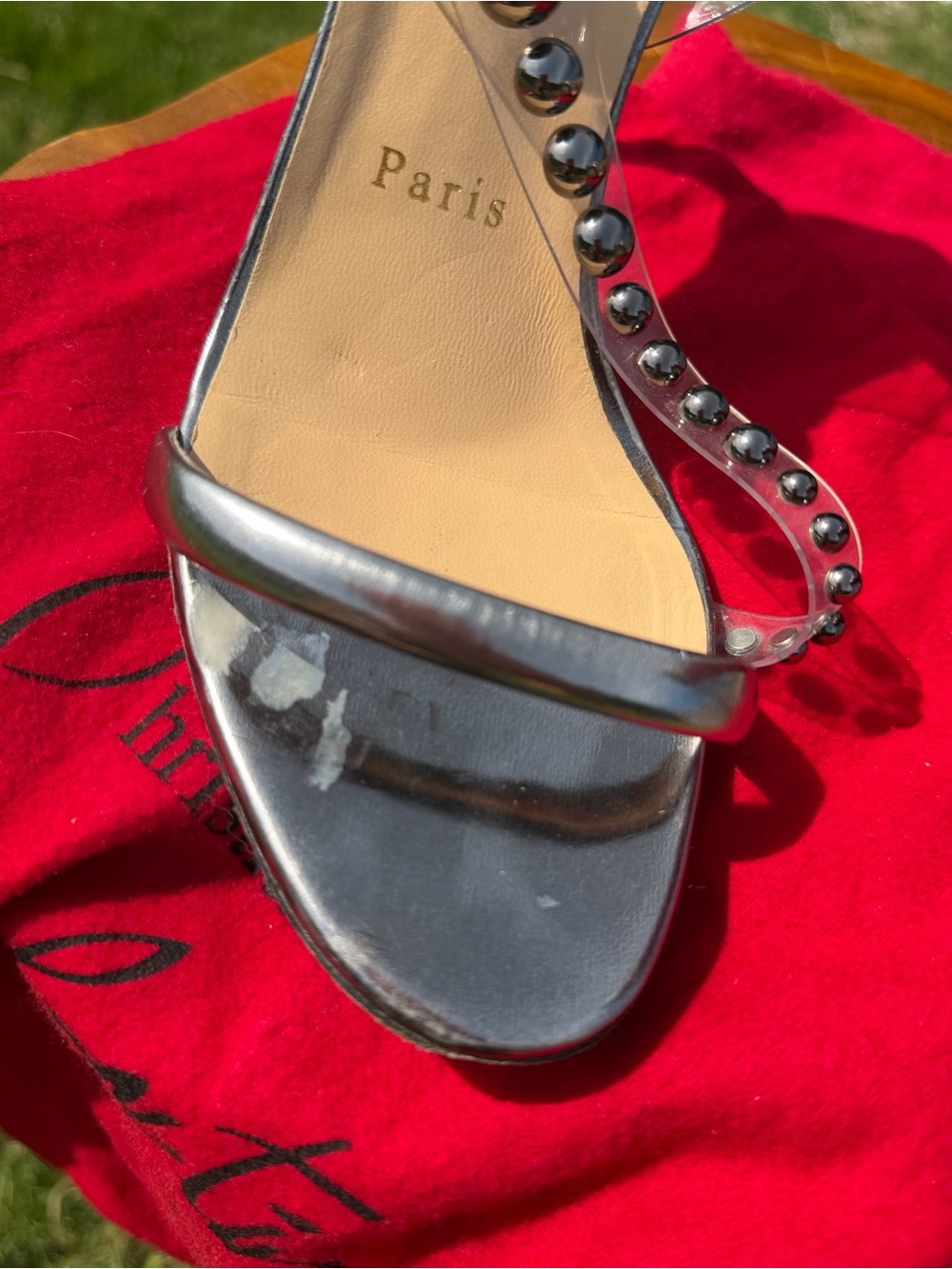 Christian Louboutin Silver Metallic and Clear Studded Stiletto Sandals - Picture 8 of 12